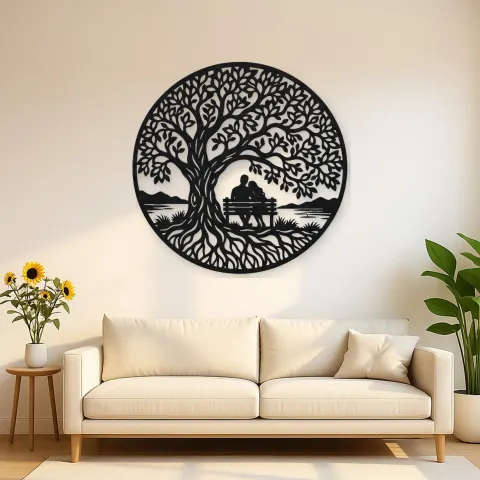 Tree with Bench Couple Metal Wall Art | Romantic Couple Decor
