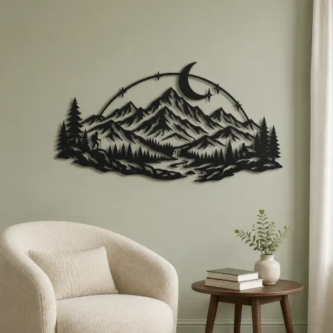 Vue alternative de Moonlit Mountain Arc Metal Wall Art | Nature Silhouette Decor