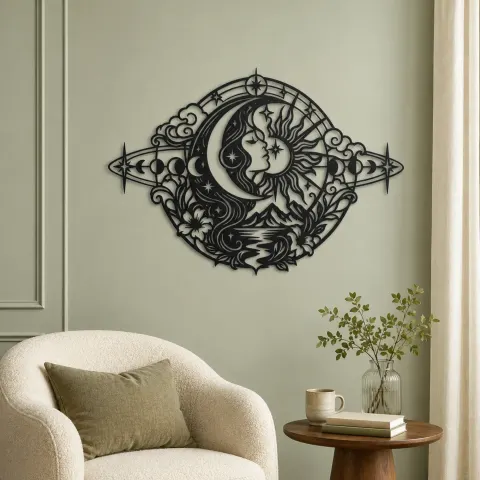 Vue alternative de Celestial Crescent Face Metal Wall Art | Minimalist Woman Line Art