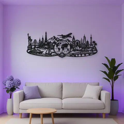Vue alternative de World Map Travel Line Metal Wall Art | Travel and City Wall Decor