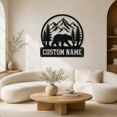 Décoration murale en métal personnalisée avec ours et forêt de pins