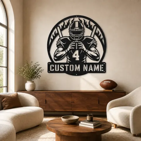 Décoration murale en métal personnalisée avec joueur de football numéro 4 et flammes
