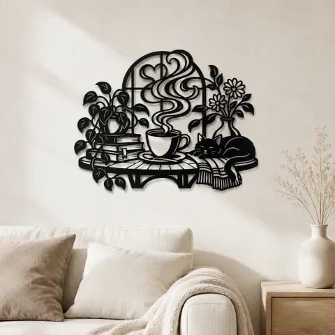 Coffee Cup Steam Flow Metal Wall Art | Cozy Home Metal Decor