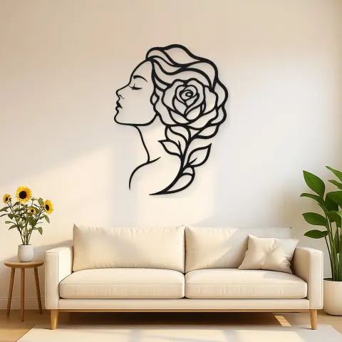 Rose Profile Muse Metal Wall Art | Minimalist Woman Line Art