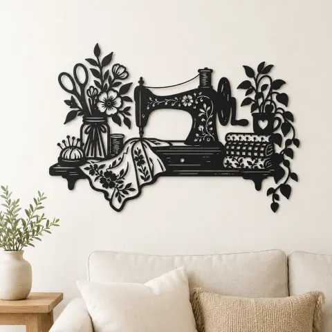 Sewing Machine Floral Metal Wall Art | Botanical Metal Wall Decor