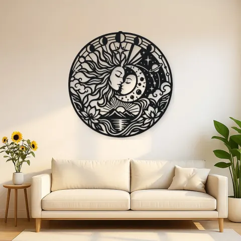 Sun and Moon Embrace Metal Wall Art | Celestial Boho Wall Decor