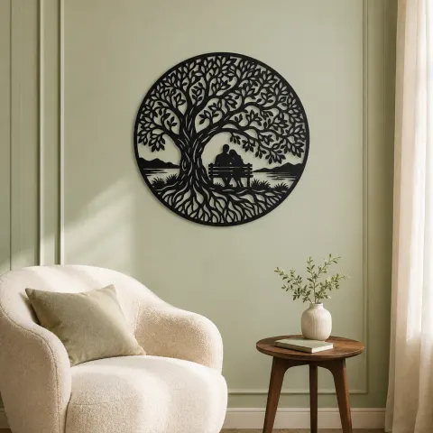 Vue alternative de Tree with Bench Couple Metal Wall Art | Romantic Couple Decor