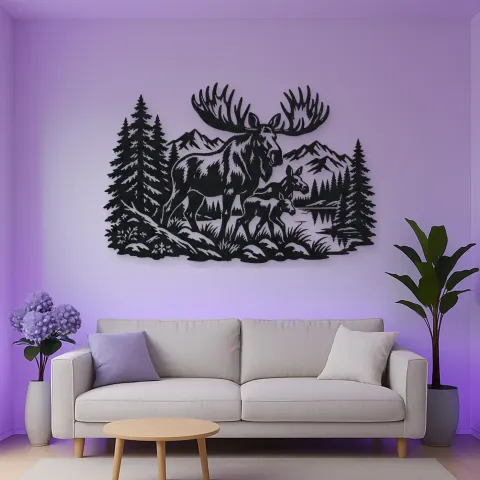 Vista alternativa de Moose Pine Forest Metal Wall Art | Wildlife Silhouette Decor
