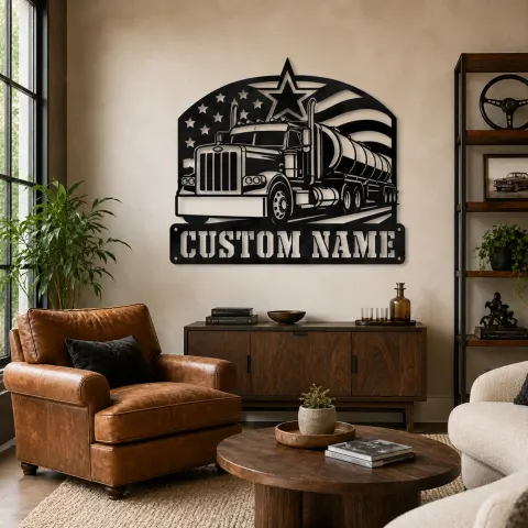 Décoration murale en métal personnalisée de camion semi-citerne avec drapeau américain