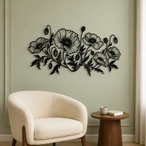 Vue alternative de Poppy Field Line Metal Wall Art | Botanical Metal Wall Decor