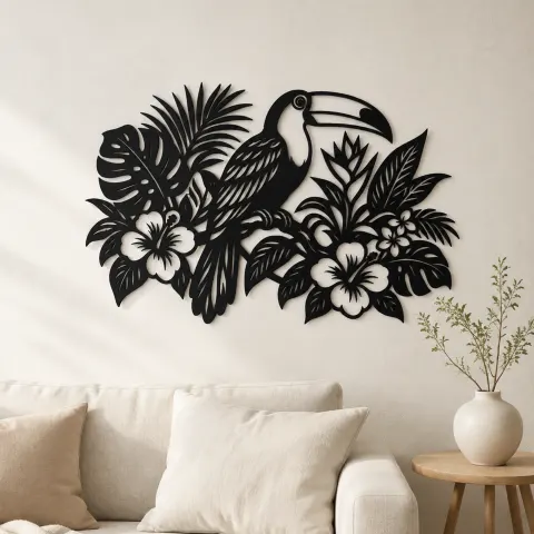Toucan Leaf Garden Metal Wall Art | Wildlife Silhouette Decor
