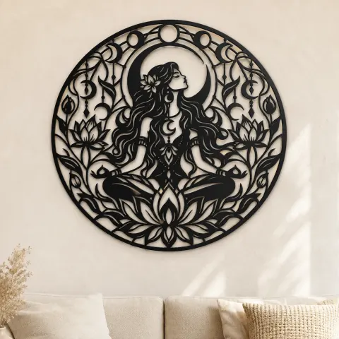 Lotus Moon Woman Metal Wall Art | Minimalist Woman Line Art
