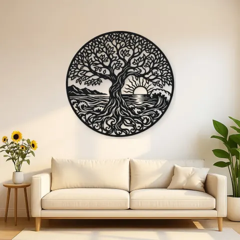 Tree and Ocean Circle Metal Wall Art | Coastal and Nautical Wall Decor