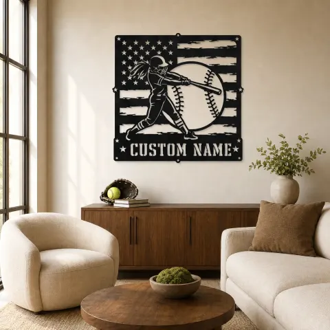 Décoration murale en métal personnalisée de batteuse de softball avec drapeau américain usé