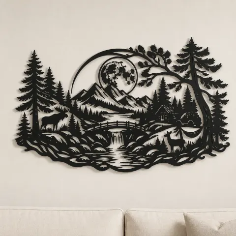 Forest Moon Arc Metal Wall Art | Nature Silhouette Decor