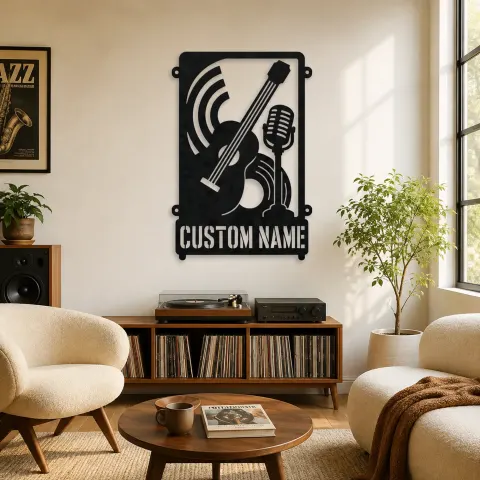 Décoration murale en métal personnalisée de contrebasse avec microphone vintage