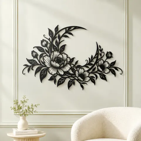 Vue alternative de Floral Moon Arc Metal Wall Art | Botanical Metal Wall Decor