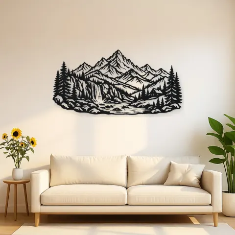 Waterfall Mountain Valley Metal Wall Art | Nature Silhouette Decor