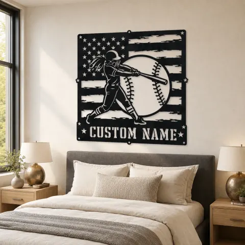 Vue alternative de Décoration murale en métal personnalisée de batteuse de softball avec drapeau américain usé