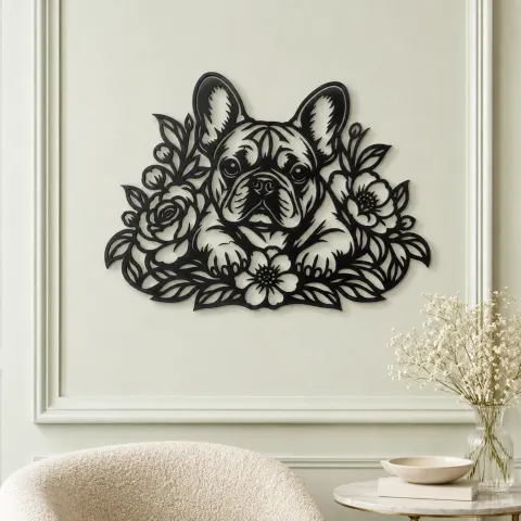Vue alternative de French Bulldog Floral Metal Wall Art | Pet Lover Silhouette Decor