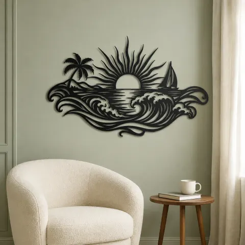 Vue alternative de Rising Sun over Waves Metal Wall Art | Celestial Boho Wall Decor