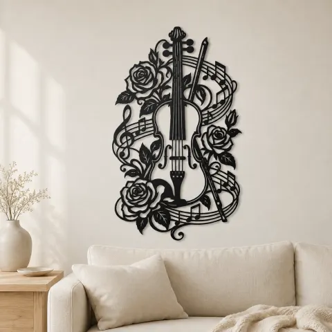 Violin and Roses Metal Wall Art | Music Room Wall Decor