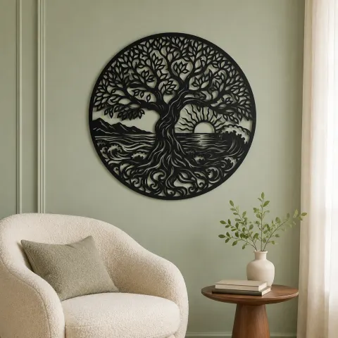 Vue alternative de Tree and Ocean Circle Metal Wall Art | Coastal and Nautical Wall Decor