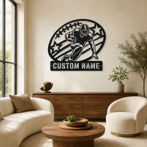 Décoration murale en métal personnalisée avec coureur de football et étoiles et rayures