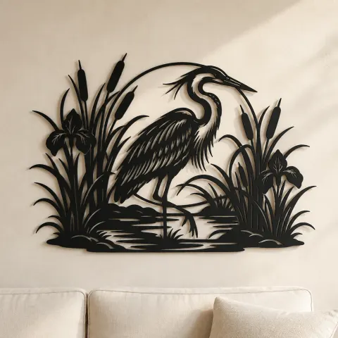 Heron Reed Garden Metal Wall Art | Wildlife Silhouette Decor