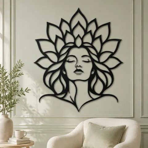 Vue alternative de Lotus Face Muse Metal Wall Art | Minimalist Woman Line Art