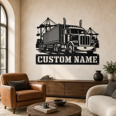 Décoration murale en métal personnalisée de camion semi-container au port