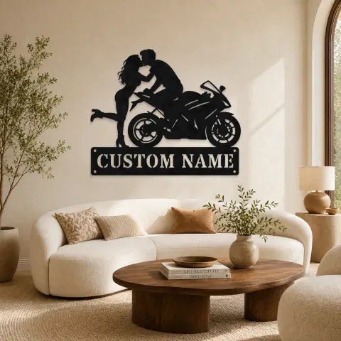 Décoration murale en métal personnalisée Couple de Motards Sportifs