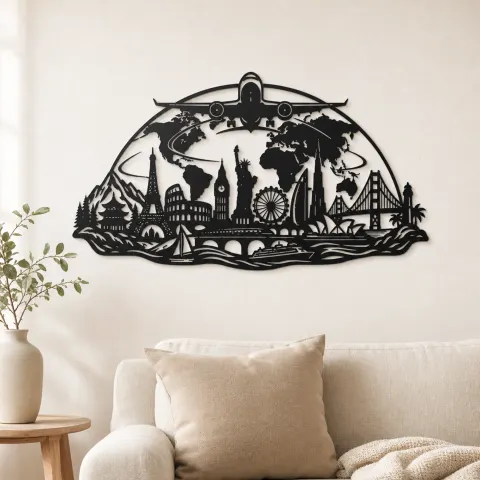 Airplane World Arc Metal Wall Art | Travel and City Wall Decor