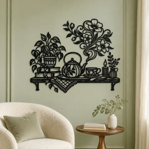 Vue alternative de Teapot Floral Steam Metal Wall Art | Botanical Metal Wall Decor