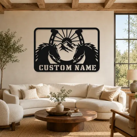 Décoration murale en métal personnalisée Paire de Chevaux avec Fer à Cheval