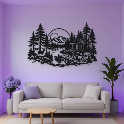 Lakeside Forest Cabin Metal Wall Art | Nature Silhouette Decor alternative Ansicht