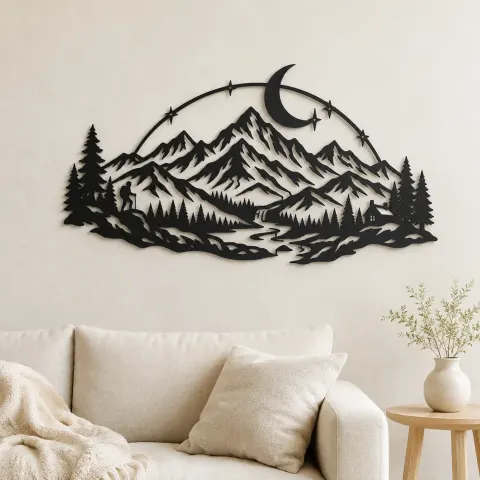 Moonlit Mountain Arc Metal Wall Art | Nature Silhouette Decor