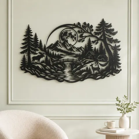 Vue alternative de Forest Moon Arc Metal Wall Art | Nature Silhouette Decor