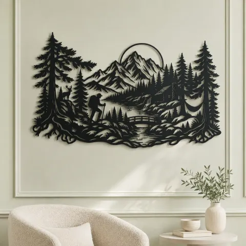 Vue alternative de Hiker in the Woods Metal Wall Art | Nature Silhouette Decor