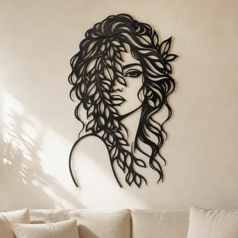 Leaf Veil Face Metal Wall Art | Minimalist Woman Line Art