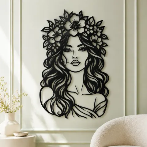 Vue alternative de Floral Crown Muse Metal Wall Art | Minimalist Woman Line Art