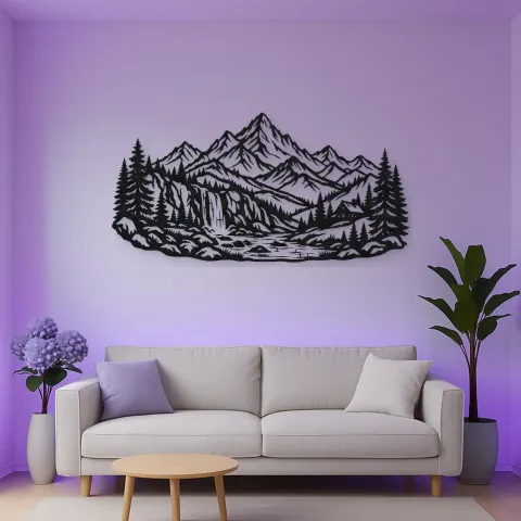 Vue alternative de Waterfall Mountain Valley Metal Wall Art | Nature Silhouette Decor