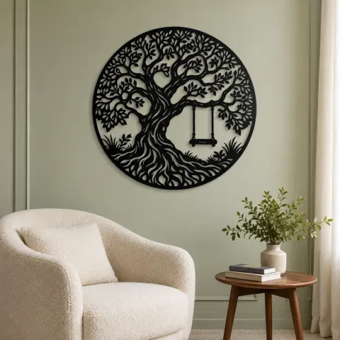 Vue alternative de Tree with Swing Metal Wall Art | Botanical Metal Wall Decor