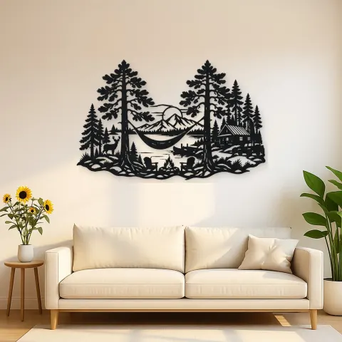Hammock between Pines Metal Wall Art | Cozy Home Metal Decor