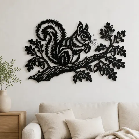Squirrel Oak Branch Metal Wall Art | Wildlife Silhouette Decor