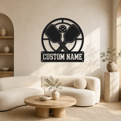 Décoration murale en métal personnalisée avec raquettes de pickleball et lignes de court