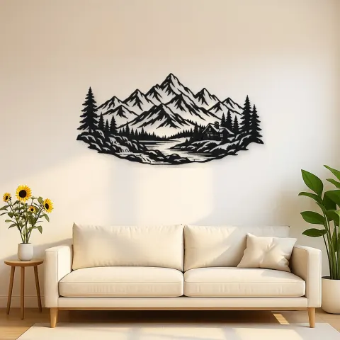 Cabin below the Peaks Metal Wall Art | Nature Silhouette Decor