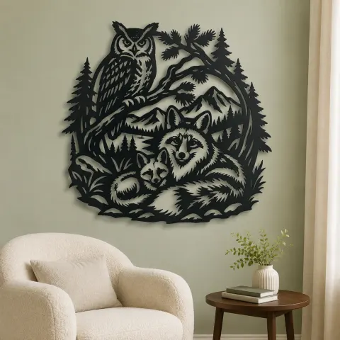 Vue alternative de Owl and Fox Forest Metal Wall Art | Wildlife Silhouette Decor