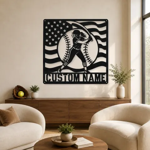Décoration murale en métal personnalisée - Batteuse de softball féminine en suivi de swing avec drapeau
