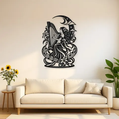 Harp Moon Curve Metal Wall Art | Music Room Wall Decor